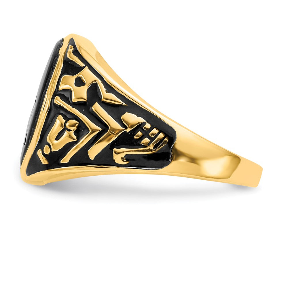 14K Gelbgold Herren-Siegelring, poliert und texturiert, mit schwarzer Emaille und ovalem Onyx, Freimaurer-Design
