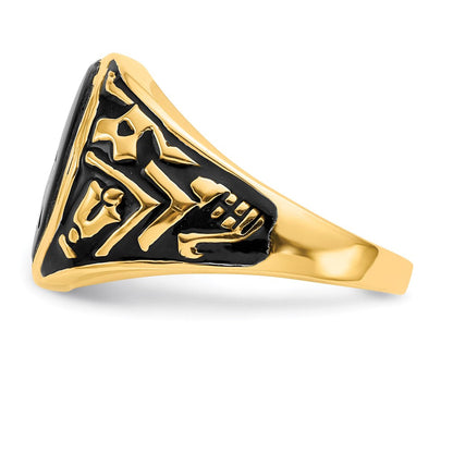 14K Gelbgold Herren-Siegelring, poliert und texturiert, mit schwarzer Emaille und ovalem Onyx, Freimaurer-Design