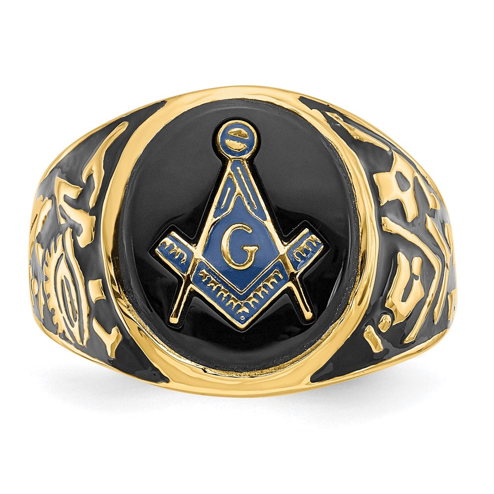 14K Gelbgold Herren-Siegelring, poliert und texturiert, mit schwarzer Emaille und ovalem Onyx, Freimaurer-Design
