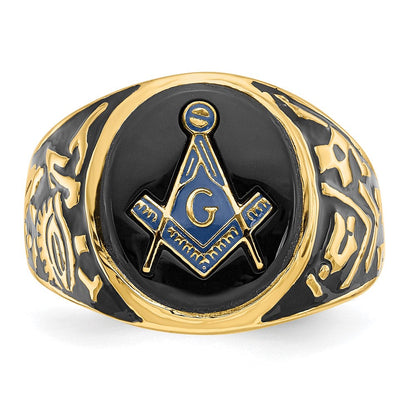 14K Gelbgold Herren-Siegelring, poliert und texturiert, mit schwarzer Emaille und ovalem Onyx, Freimaurer-Design