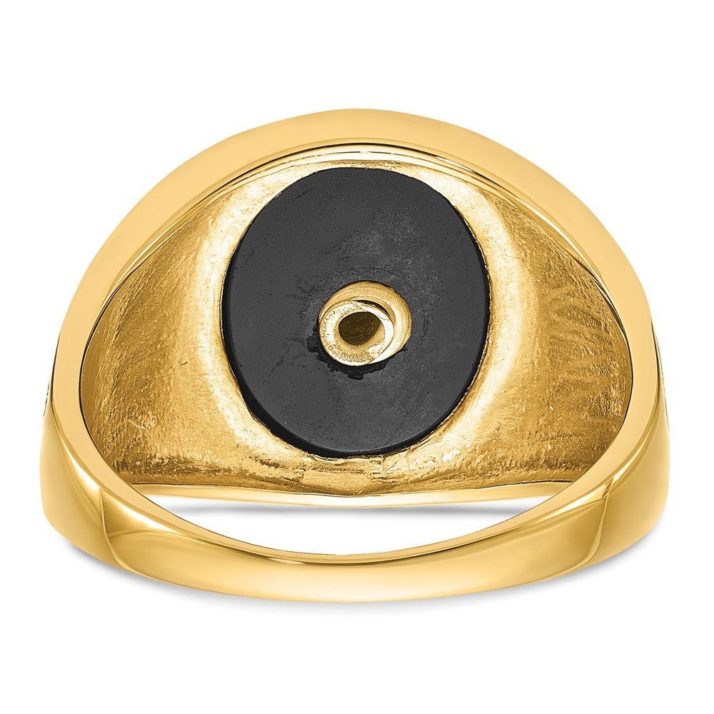 14K Gelbgold Herren-Siegelring, poliert und texturiert, mit schwarzer Emaille und ovalem Onyx, Freimaurer-Design