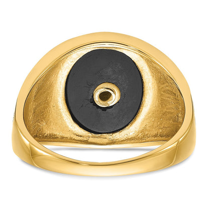 14K Gelbgold Herren-Siegelring, poliert und texturiert, mit schwarzer Emaille und ovalem Onyx, Freimaurer-Design
