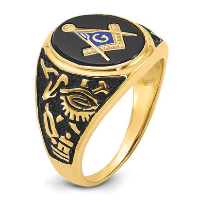 14K Gelbgold Herren-Siegelring, poliert und texturiert, mit schwarzer Emaille und ovalem Onyx, Freimaurer-Design