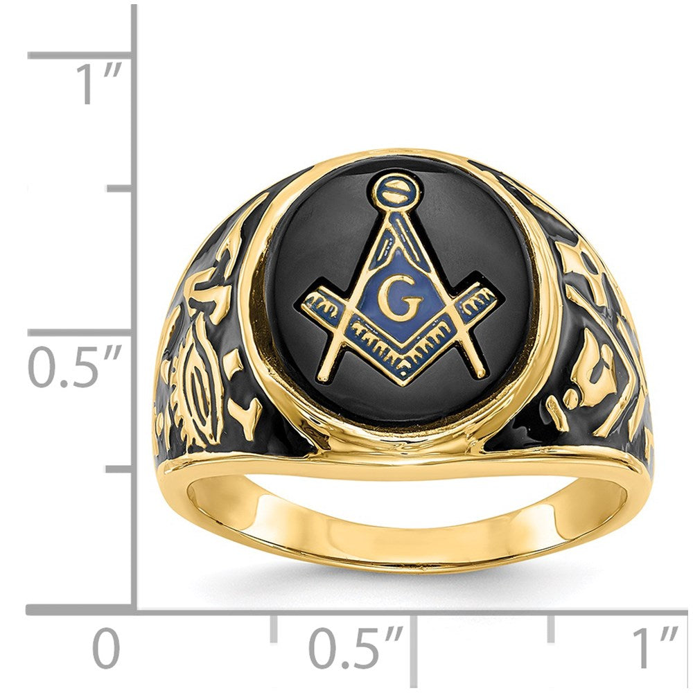 14K Gelbgold Herren-Siegelring, poliert und texturiert, mit schwarzer Emaille und ovalem Onyx, Freimaurer-Design