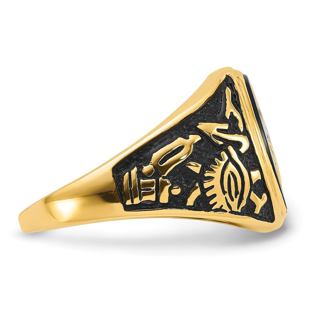 14K Gelbgold Herren-Siegelring, poliert und texturiert, mit schwarzer Emaille und ovalem Onyx, Freimaurer-Design