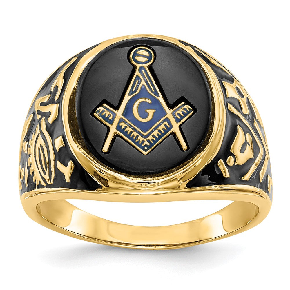 14K Gelbgold Herren-Siegelring, poliert und texturiert, mit schwarzer Emaille und ovalem Onyx, Freimaurer-Design