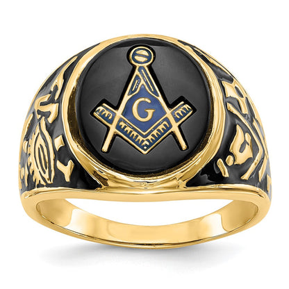 14K Gelbgold Herren-Siegelring, poliert und texturiert, mit schwarzer Emaille und ovalem Onyx, Freimaurer-Design
