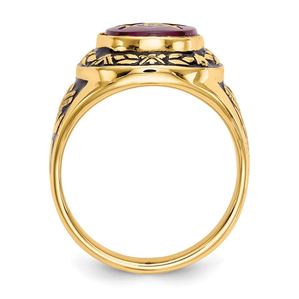14K Gelbgold Herren-Siegelring, poliert, antik und texturiert, mit im Labor gezüchtetem Rubin, Freimaurer-Design