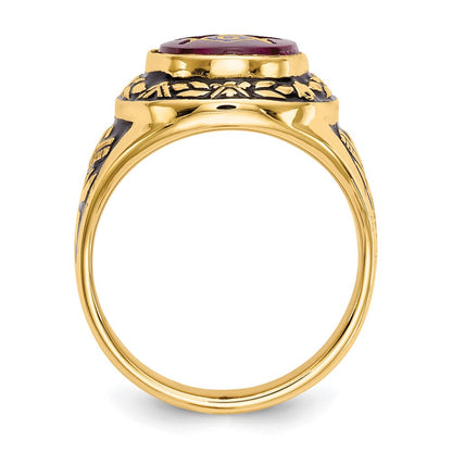 14K Gelbgold Herren-Siegelring, poliert, antik und texturiert, mit im Labor gezüchtetem Rubin, Freimaurer-Design