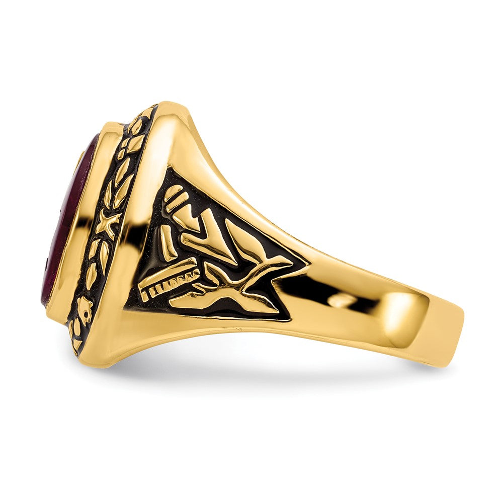 14K Gelbgold Herren-Siegelring, poliert, antik und texturiert, mit im Labor gezüchtetem Rubin, Freimaurer-Design