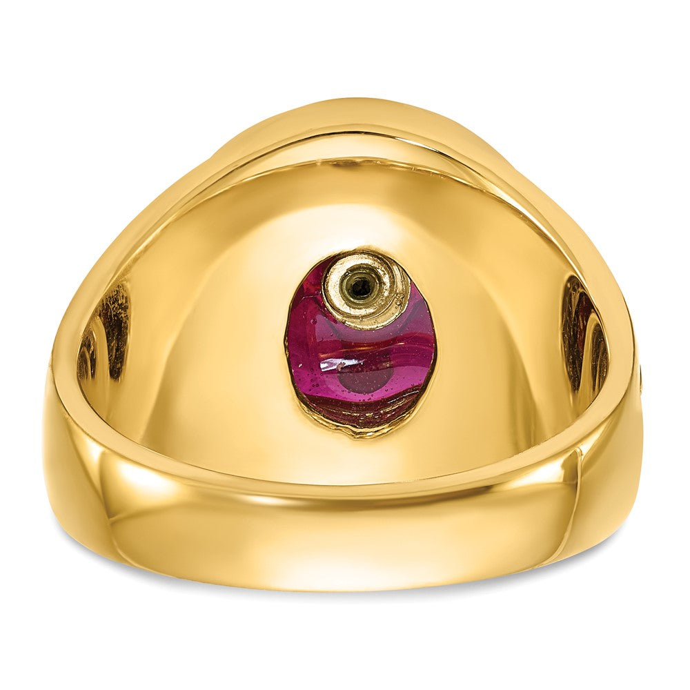 14K Gelbgold Herren-Siegelring, poliert, antik und texturiert, mit im Labor gezüchtetem Rubin, Freimaurer-Design
