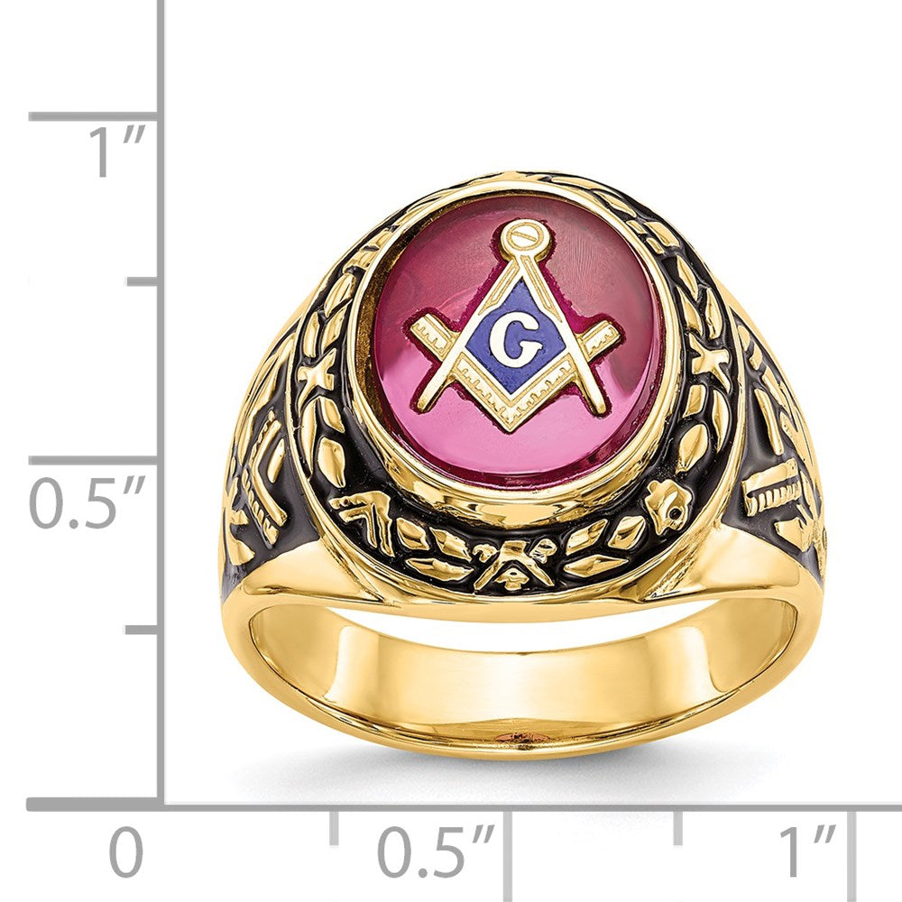 14K Gelbgold Herren-Siegelring, poliert, antik und texturiert, mit im Labor gezüchtetem Rubin, Freimaurer-Design