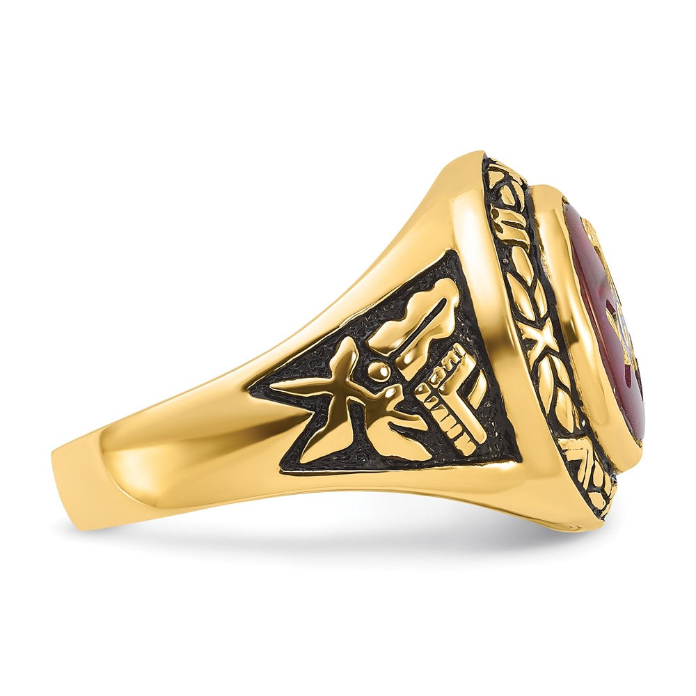 14K Gelbgold Herren-Siegelring, poliert, antik und texturiert, mit im Labor gezüchtetem Rubin, Freimaurer-Design