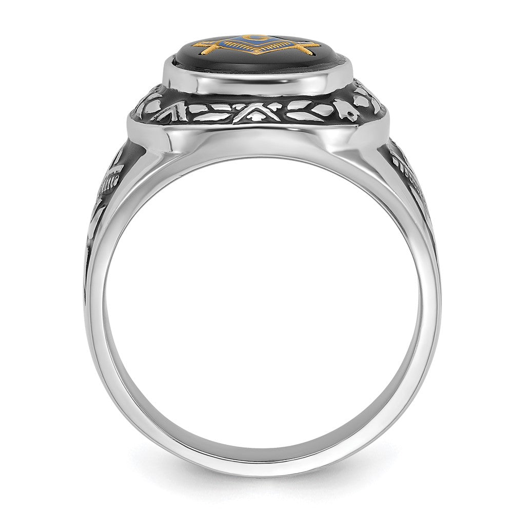 14K Weißgold Herren-Siegelring, poliert, antik und texturiert, mit ovalem Onyx, Freimaurer-Symbol