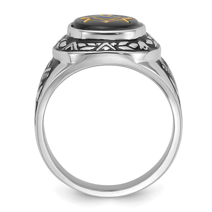 14K Weißgold Herren-Siegelring, poliert, antik und texturiert, mit ovalem Onyx, Freimaurer-Symbol