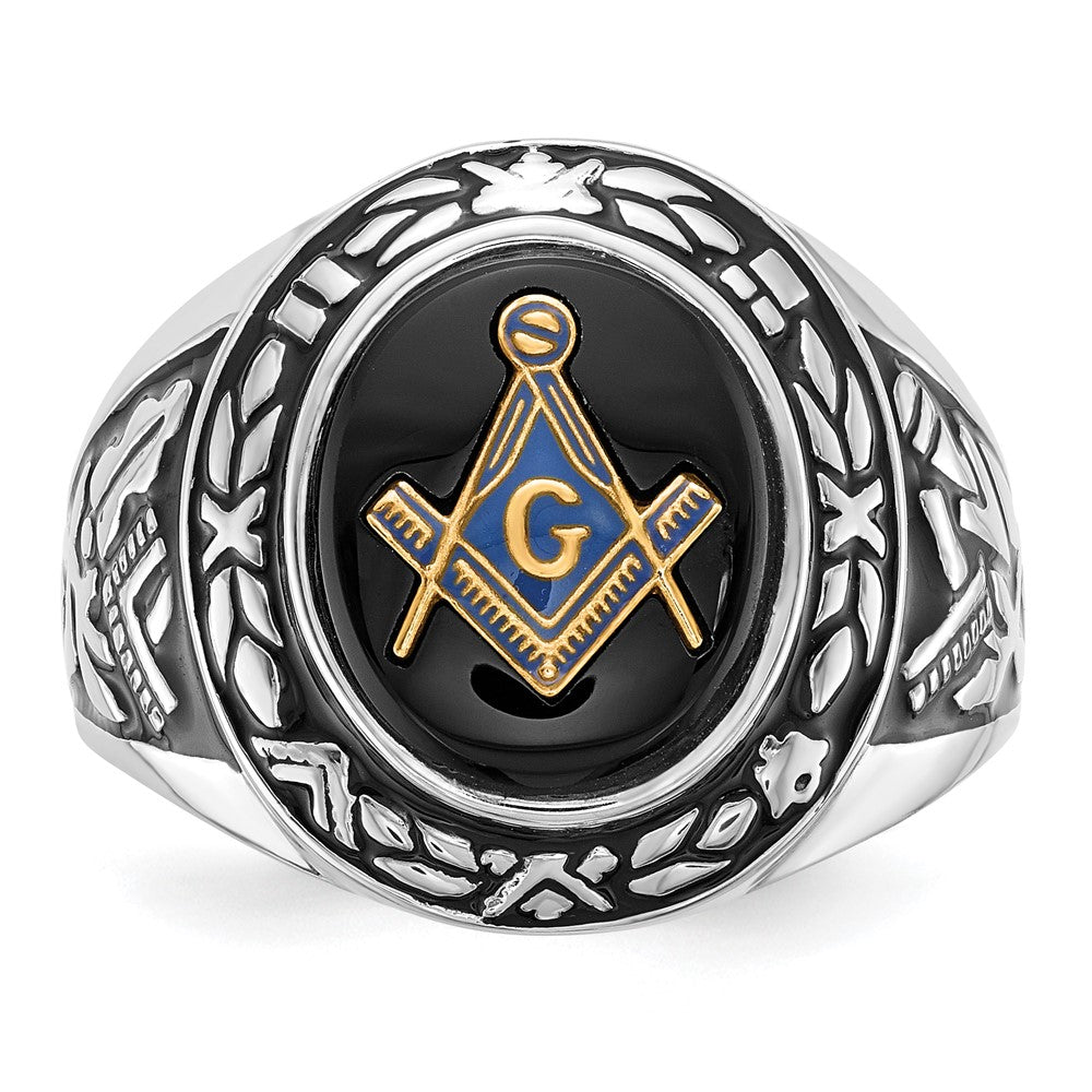 14K Weißgold Herren-Siegelring, poliert, antik und texturiert, mit ovalem Onyx, Freimaurer-Symbol
