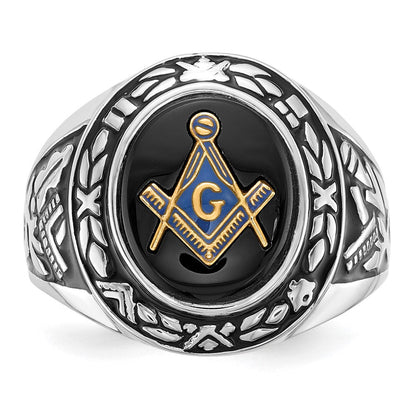 14K Weißgold Herren-Siegelring, poliert, antik und texturiert, mit ovalem Onyx, Freimaurer-Symbol