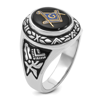 14K Weißgold Herren-Siegelring, poliert, antik und texturiert, mit ovalem Onyx, Freimaurer-Symbol