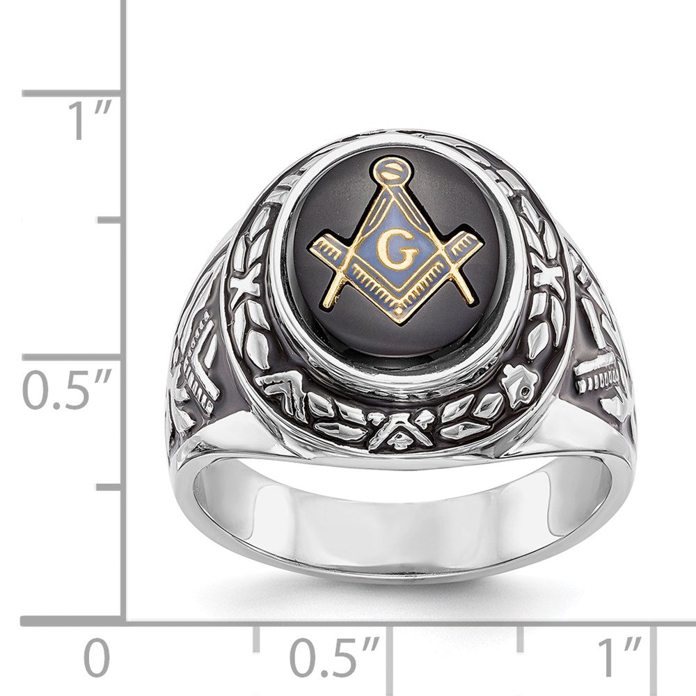 14K Weißgold Herren-Siegelring, poliert, antik und texturiert, mit ovalem Onyx, Freimaurer-Symbol