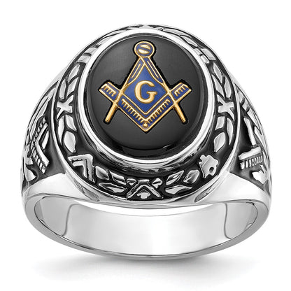 14K Weißgold Herren-Siegelring, poliert, antik und texturiert, mit ovalem Onyx, Freimaurer-Symbol