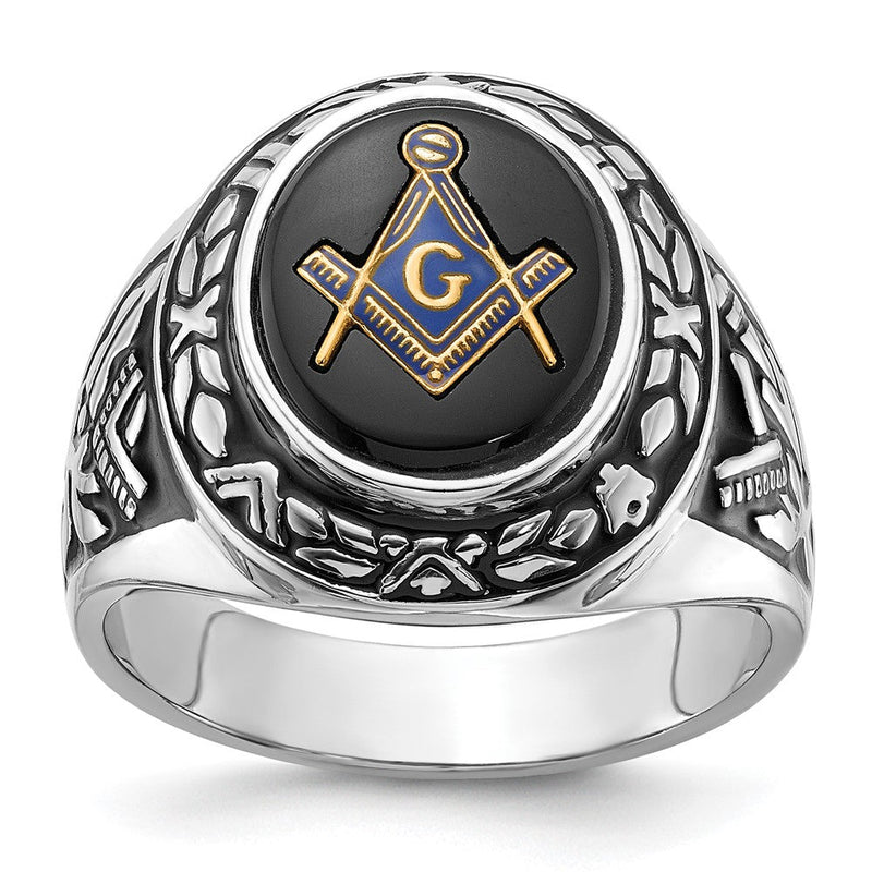 14K Weißgold Herren-Siegelring, poliert, antik und texturiert, mit ovalem Onyx, Freimaurer-Symbol
