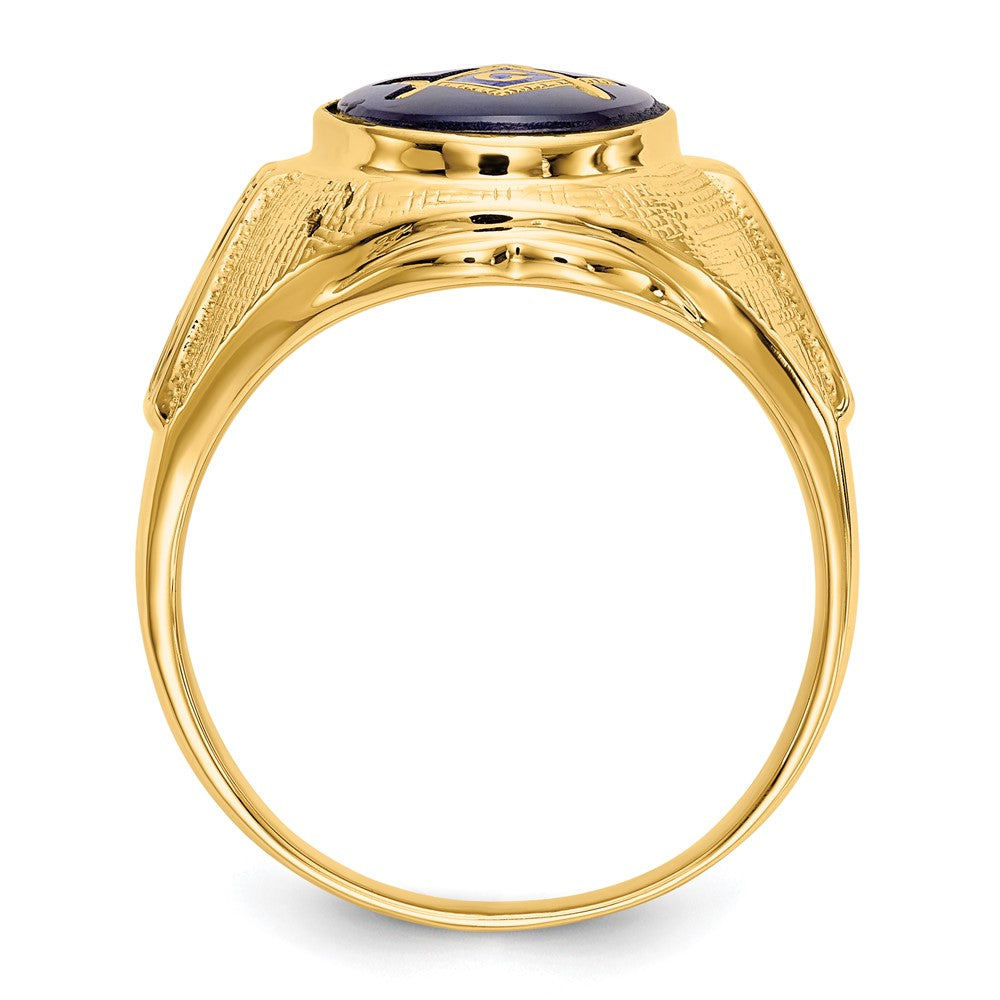 14K Gelbgold Herren-Siegelring, poliert, antik und texturiert, mit synthetischem blauem Spinell, freimaurerisch