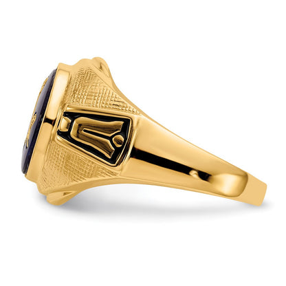 14K Gelbgold Herren-Siegelring, poliert, antik und texturiert, mit synthetischem blauem Spinell, freimaurerisch