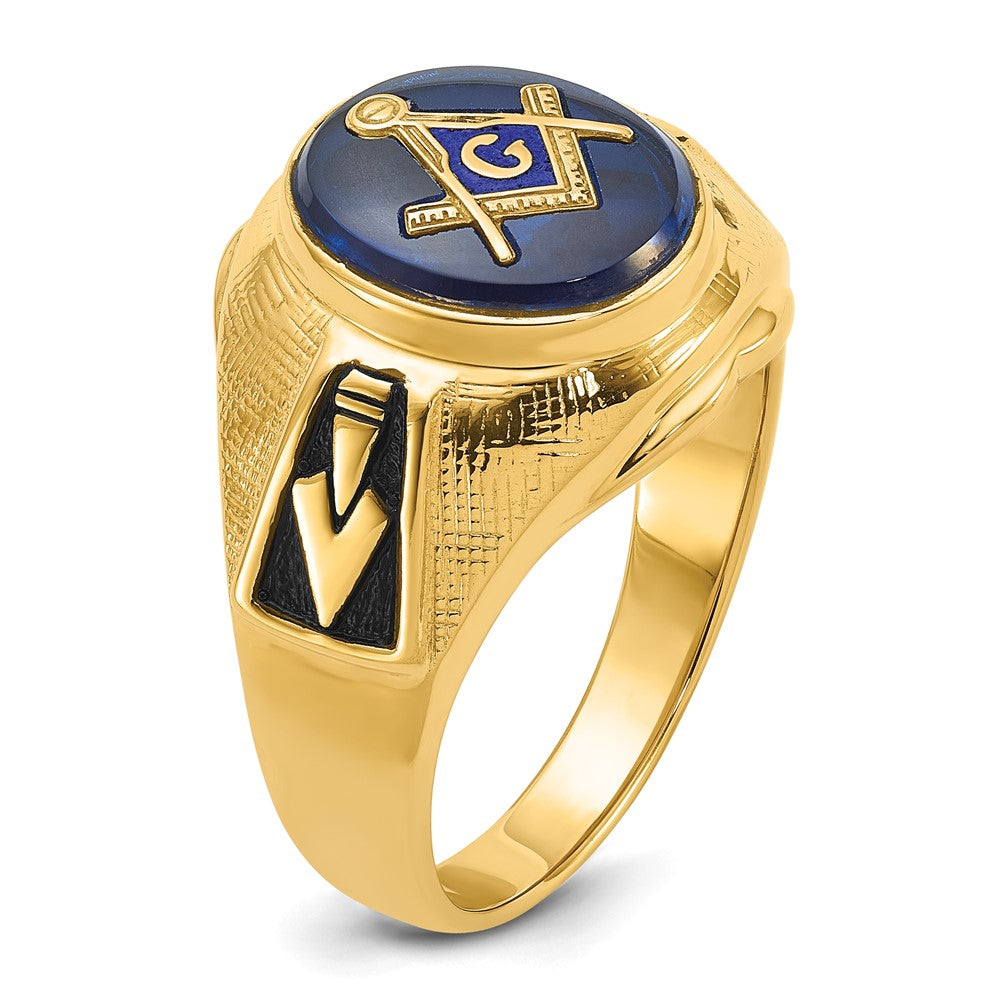 14K Gelbgold Herren-Siegelring, poliert, antik und texturiert, mit synthetischem blauem Spinell, freimaurerisch