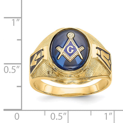 14K Gelbgold Herren-Siegelring, poliert, antik und texturiert, mit synthetischem blauem Spinell, freimaurerisch