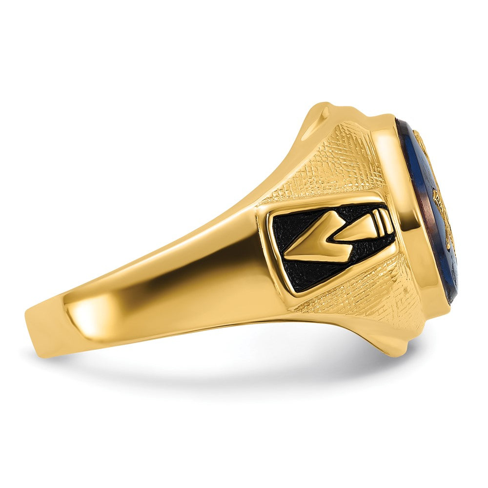 14K Gelbgold Herren-Siegelring, poliert, antik und texturiert, mit synthetischem blauem Spinell, freimaurerisch