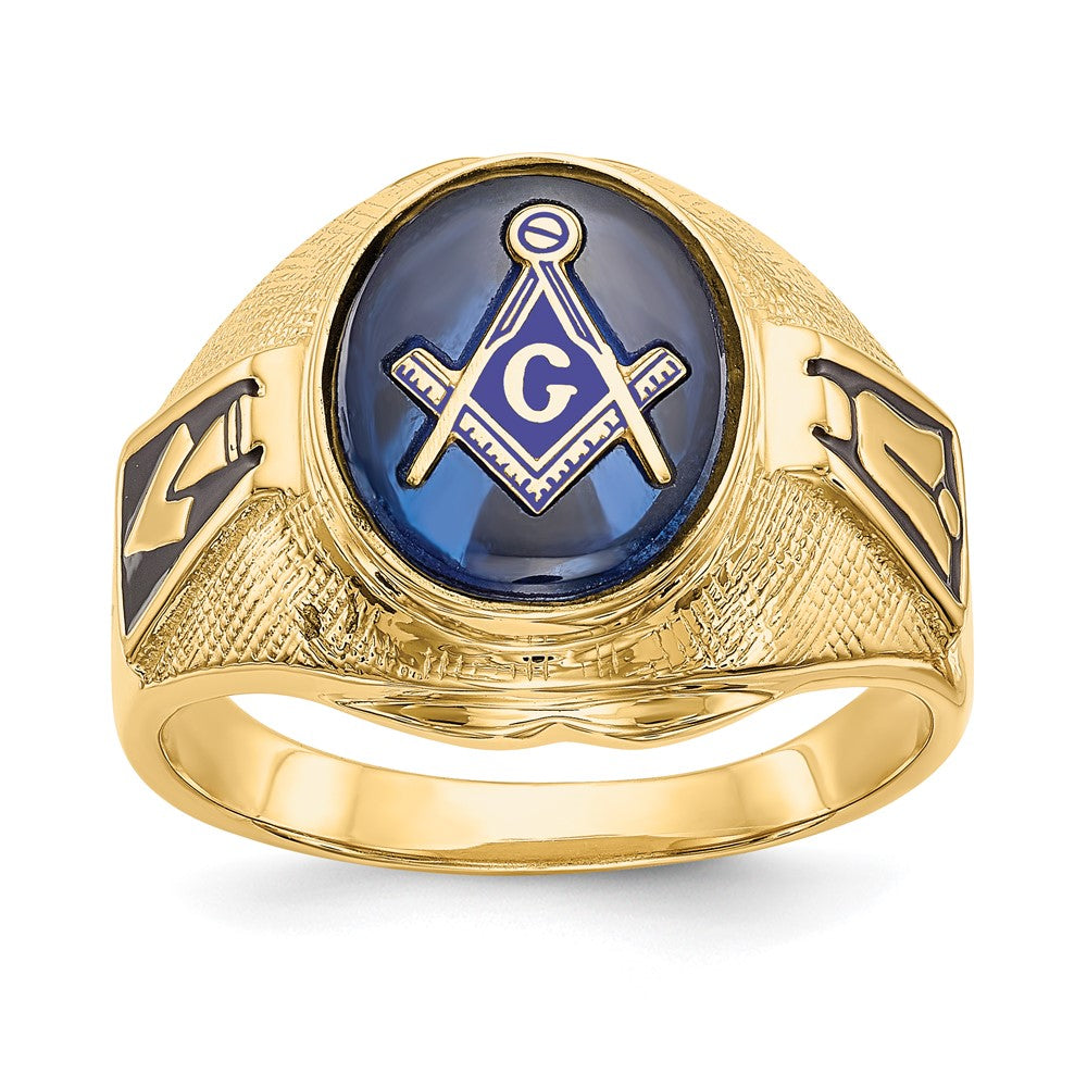 14K Gelbgold Herren-Siegelring, poliert, antik und texturiert, mit synthetischem blauem Spinell, freimaurerisch