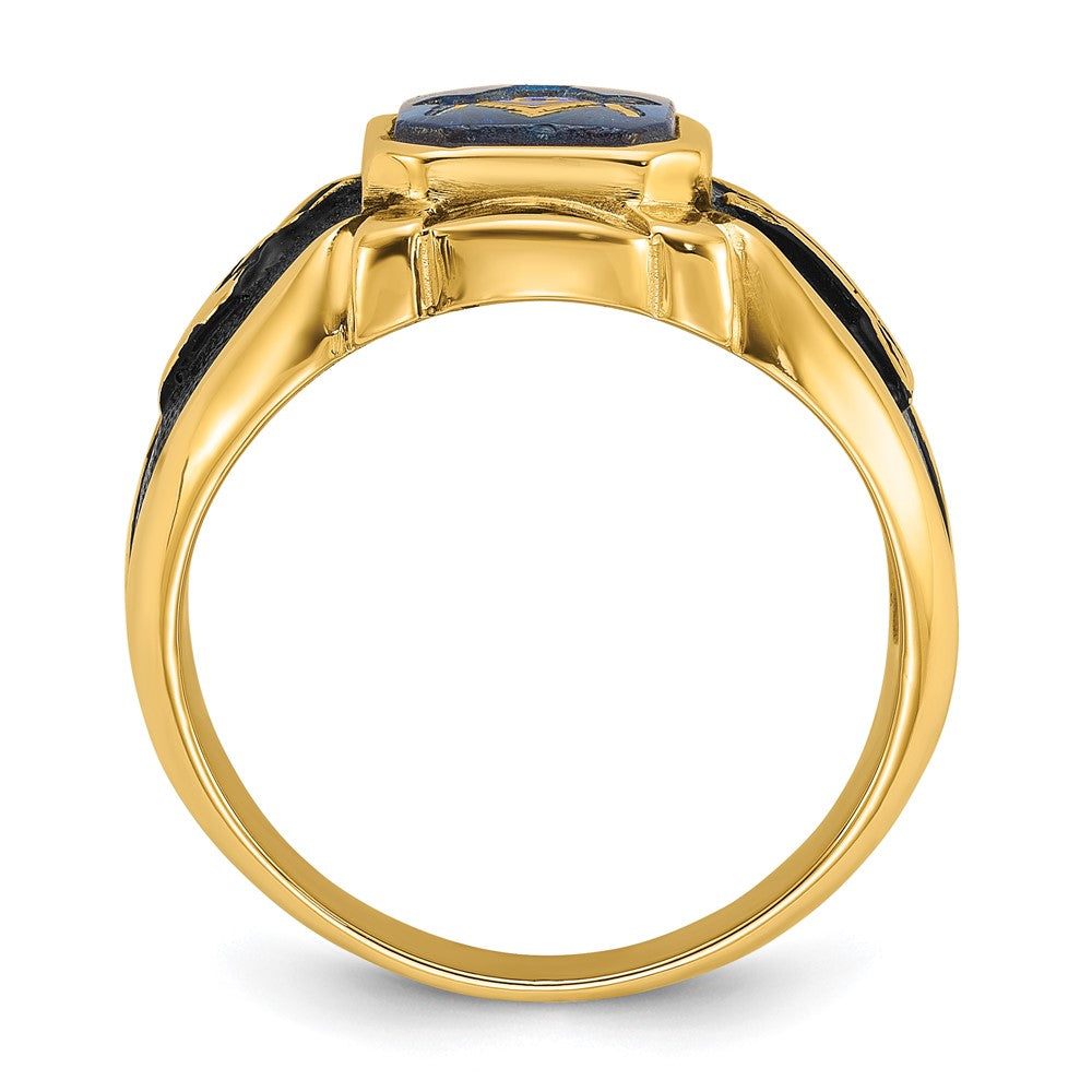 14K Gelbgold Herrenring, poliert, antik und texturiert, mit Blauem Spinell (imitiert), Freimaurer-Design