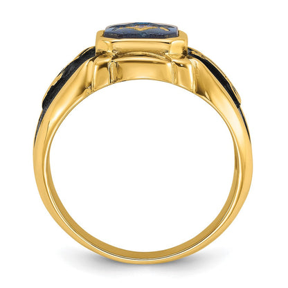 14K Gelbgold Herrenring, poliert, antik und texturiert, mit Blauem Spinell (imitiert), Freimaurer-Design