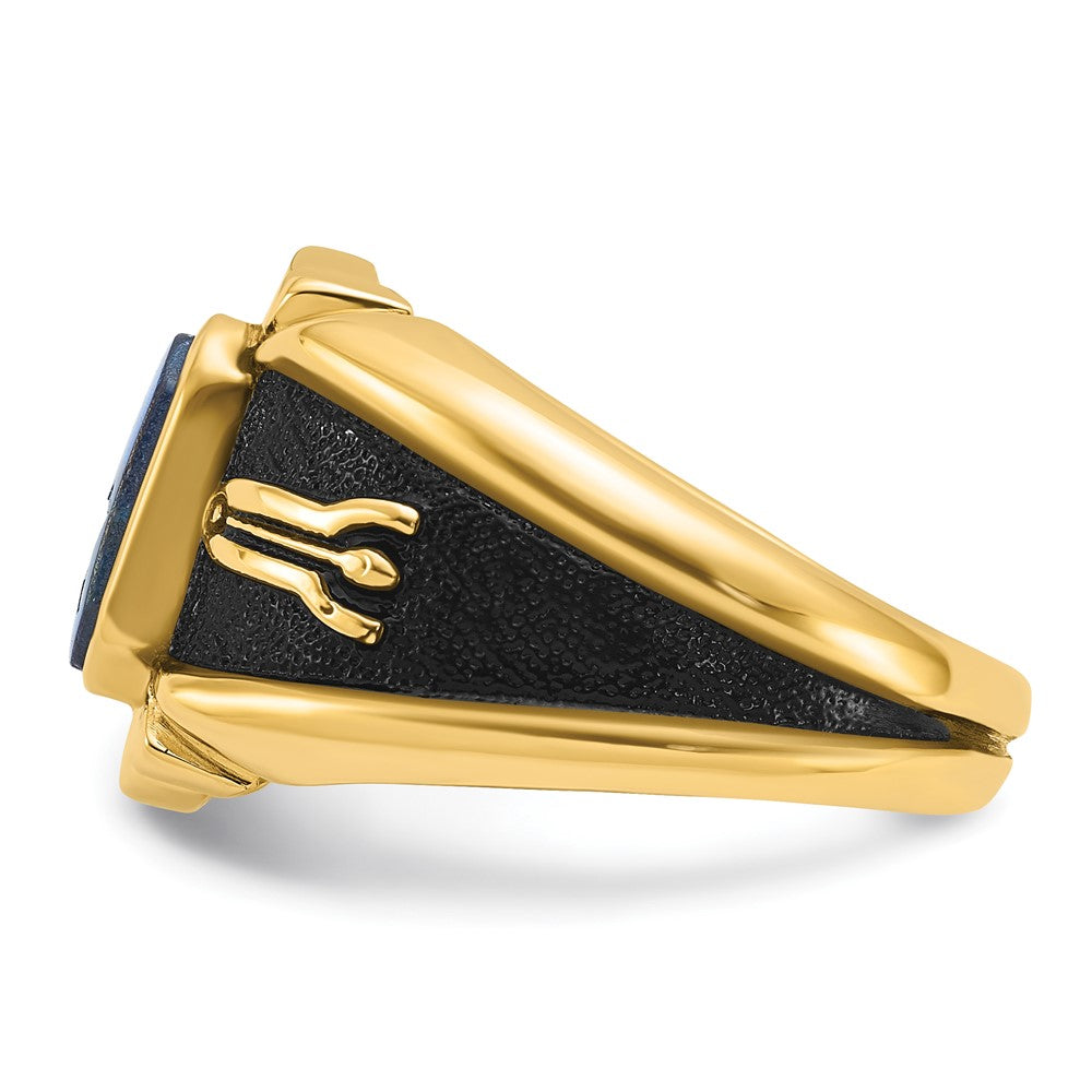 14K Gelbgold Herrenring, poliert, antik und texturiert, mit Blauem Spinell (imitiert), Freimaurer-Design