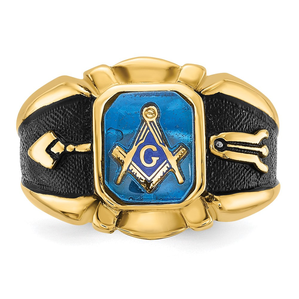 14K Gelbgold Herrenring, poliert, antik und texturiert, mit Blauem Spinell (imitiert), Freimaurer-Design