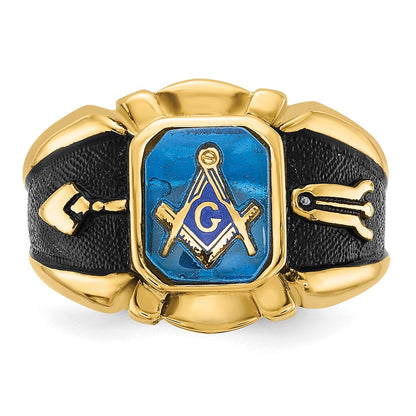 14K Gelbgold Herrenring, poliert, antik und texturiert, mit Blauem Spinell (imitiert), Freimaurer-Design