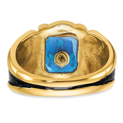 14K Gelbgold Herrenring, poliert, antik und texturiert, mit Blauem Spinell (imitiert), Freimaurer-Design