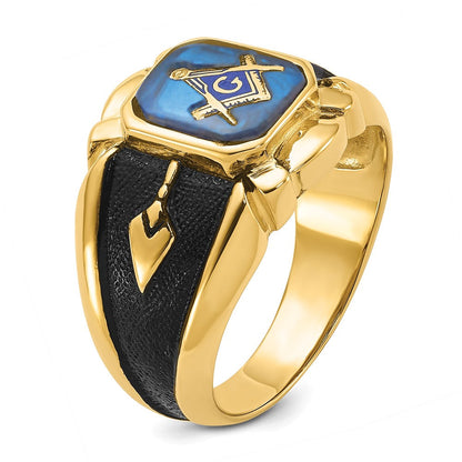 14K Gelbgold Herrenring, poliert, antik und texturiert, mit Blauem Spinell (imitiert), Freimaurer-Design