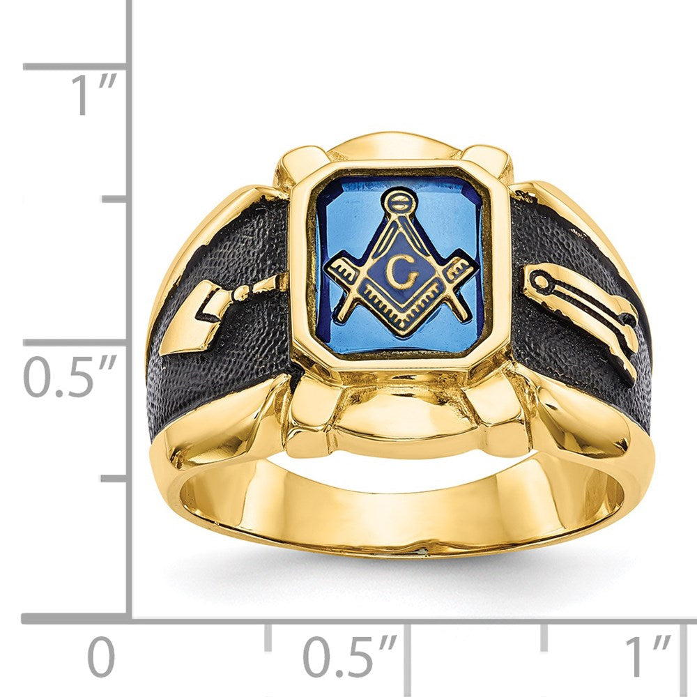 14K Gelbgold Herrenring, poliert, antik und texturiert, mit Blauem Spinell (imitiert), Freimaurer-Design