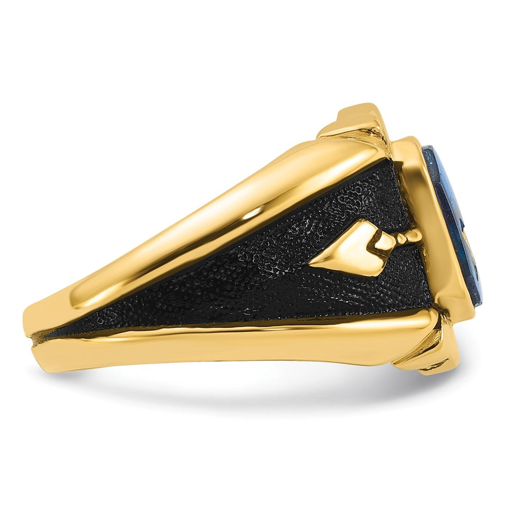 14K Gelbgold Herrenring, poliert, antik und texturiert, mit Blauem Spinell (imitiert), Freimaurer-Design