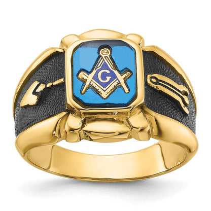 14K Gelbgold Herrenring, poliert, antik und texturiert, mit Blauem Spinell (imitiert), Freimaurer-Design