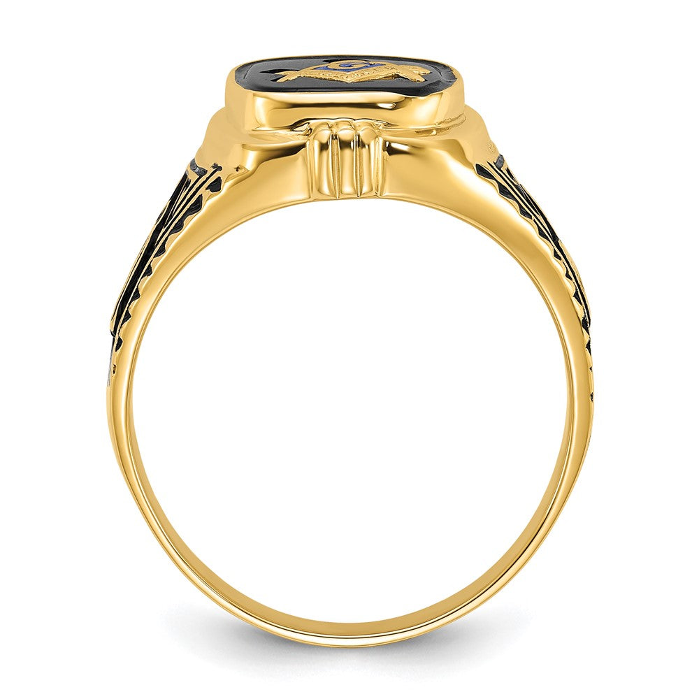 14K Gelbgold Herren-Siegelring Freimaurer poliert, antik und texturiert mit Onyx