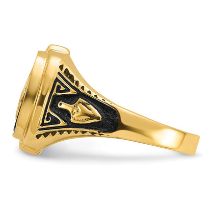 14K Gelbgold Herren-Siegelring Freimaurer poliert, antik und texturiert mit Onyx