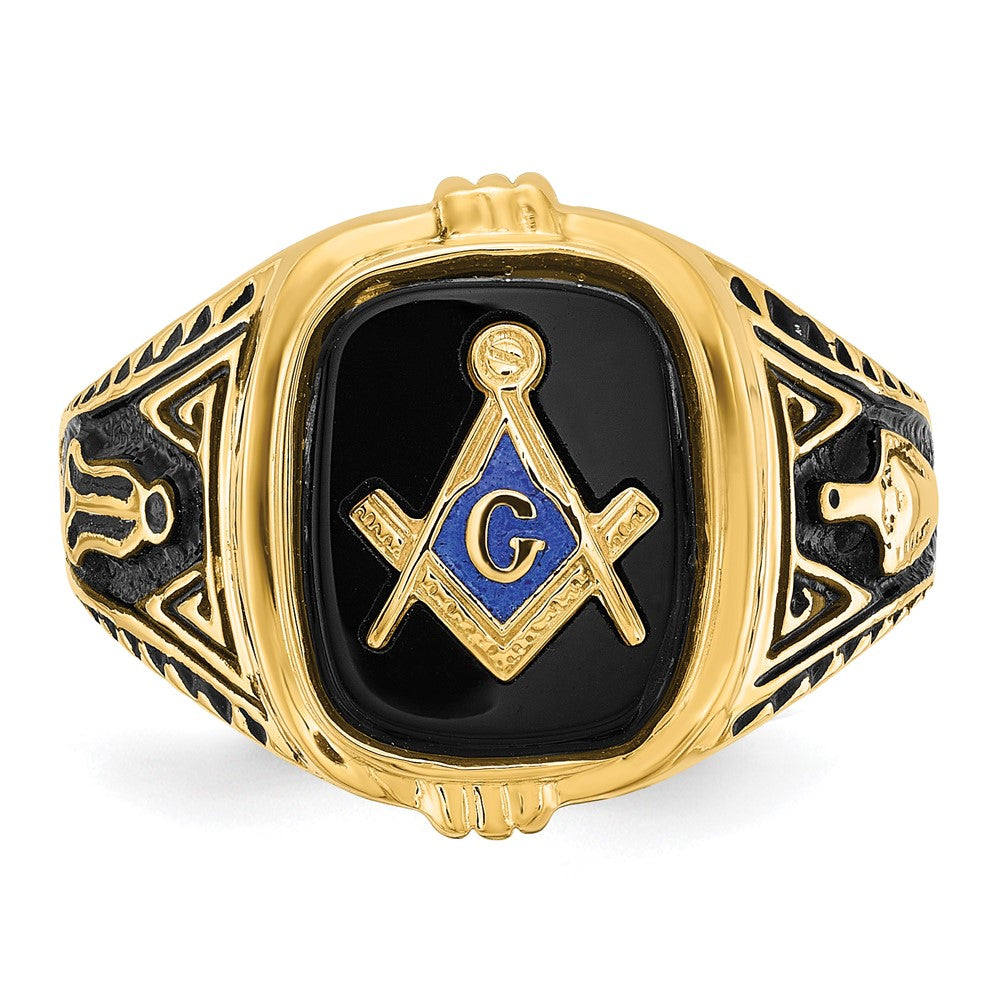 14K Gelbgold Herren-Siegelring Freimaurer poliert, antik und texturiert mit Onyx