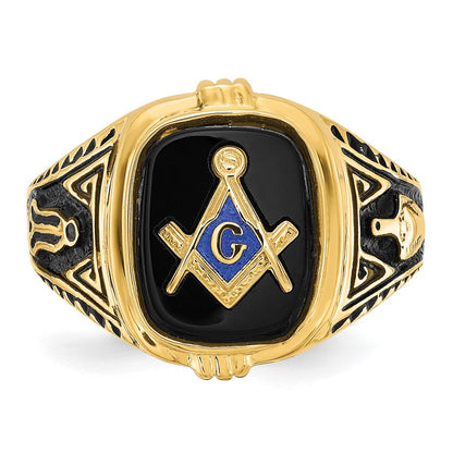 14K Gelbgold Herren-Siegelring Freimaurer poliert, antik und texturiert mit Onyx