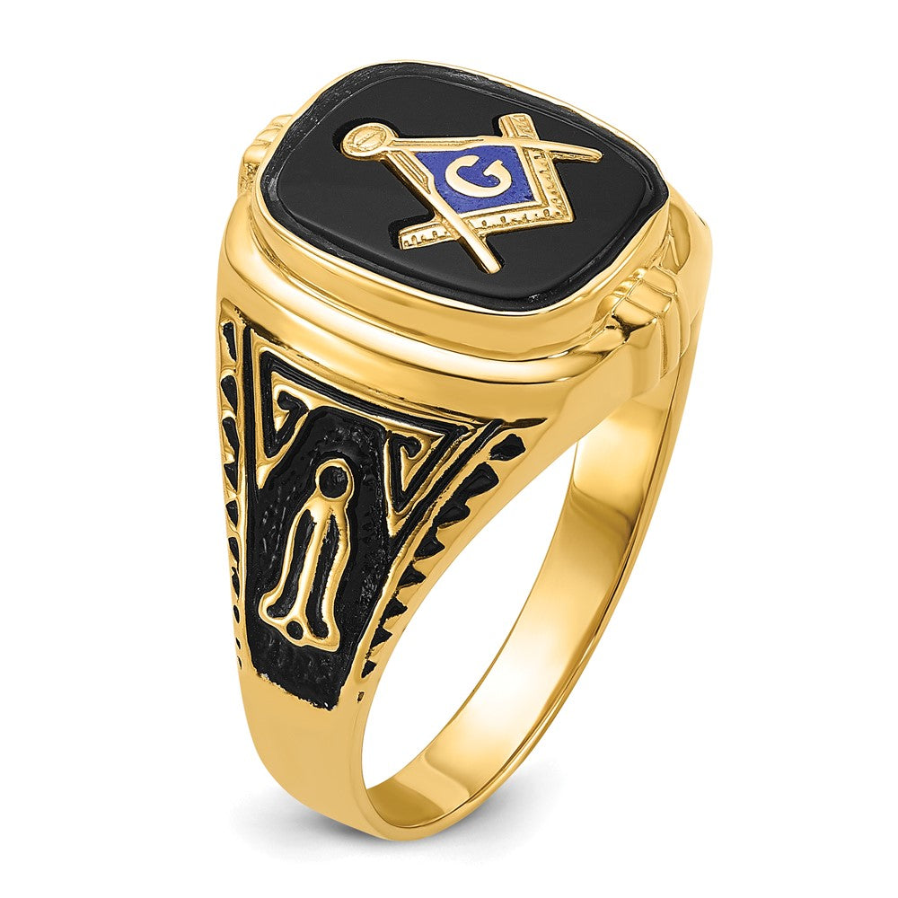 14K Gelbgold Herren-Siegelring Freimaurer poliert, antik und texturiert mit Onyx
