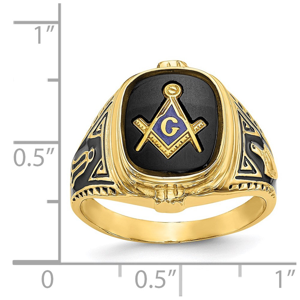 14K Gelbgold Herren-Siegelring Freimaurer poliert, antik und texturiert mit Onyx