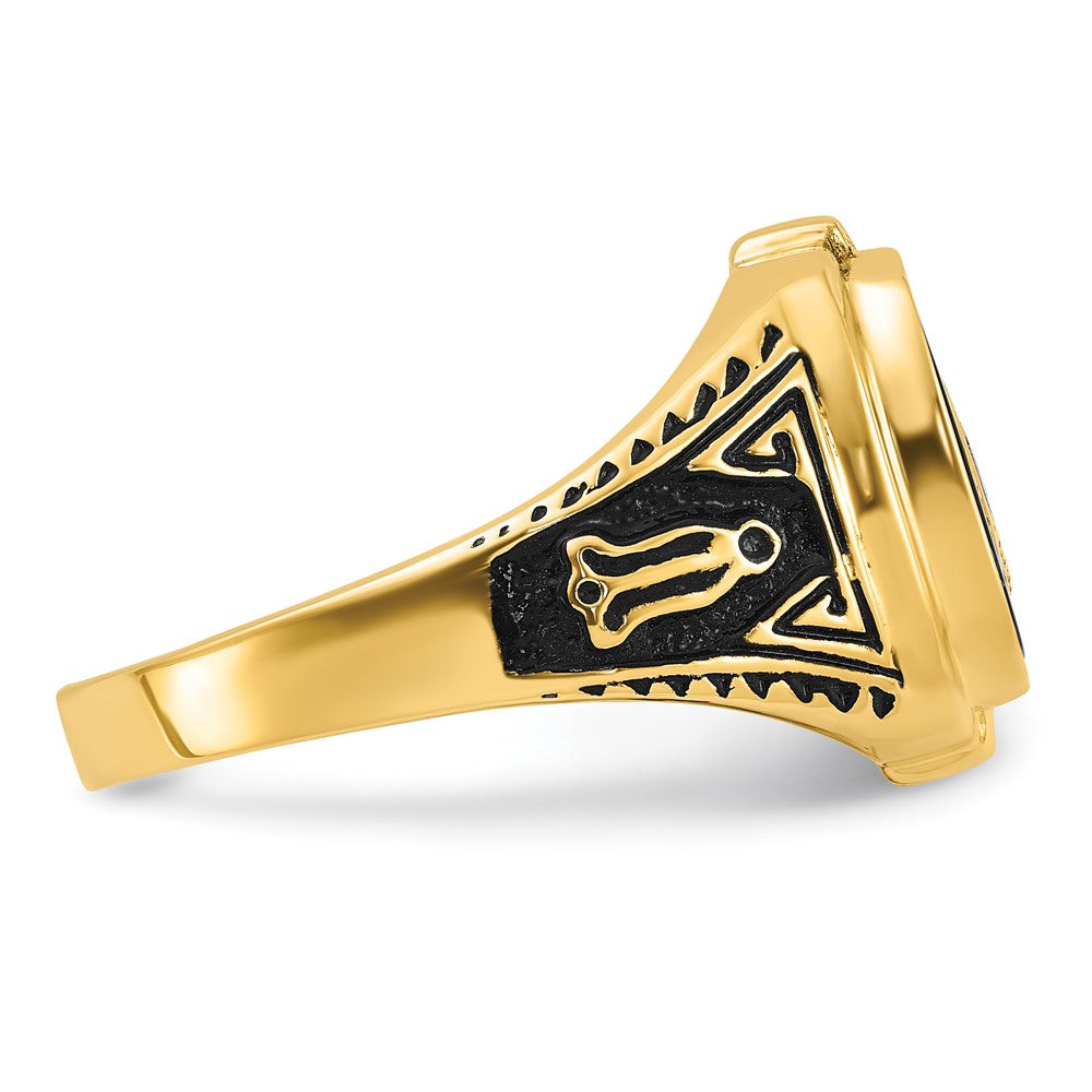 14K Gelbgold Herren-Siegelring Freimaurer poliert, antik und texturiert mit Onyx