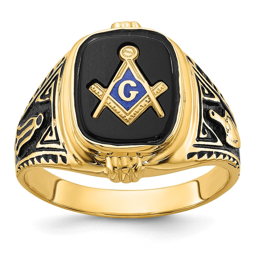 14K Gelbgold Herren-Siegelring Freimaurer poliert, antik und texturiert mit Onyx