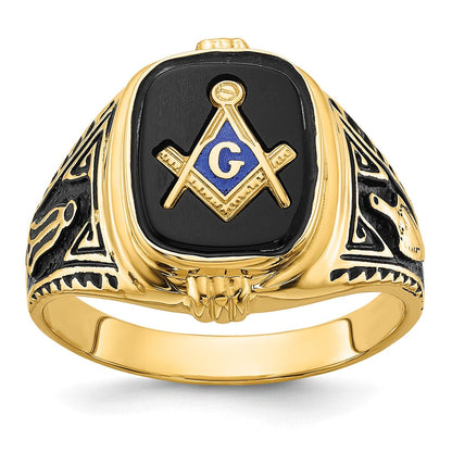 14K Gelbgold Herren-Siegelring Freimaurer poliert, antik und texturiert mit Onyx